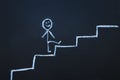 Drawn man on the chalk board climbs up step by step to the top of career stairs. copy space Royalty Free Stock Photo