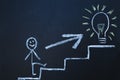 Drawn man on the chalk board climbs up step by step to the top of career stairs. copy space Royalty Free Stock Photo