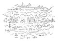 Drawn map of the area. Cartoon city, mountain river and village. Forest hills and sea. Hand drawn vector black line