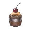 Drawn with markers cupcake with cherries and chocolate chips isolated on white background