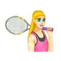 Drawn with markers young girl blond tennis player with a racket