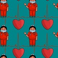 Drawn medical seamless pattern: doctor in red with hearts