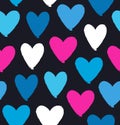 Drawn multicolor heart silhouettes on black background. Symbol of love in grunge style. Decorative seamless pattern