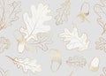 Drawn oak leaves and acorns. Golden line autumn plants seamless pattern for prints, posters, wallpapers