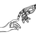 drawn by one continuous line of human and robot hands touching, fusion of artificial intelligence and humanity Royalty Free Stock Photo