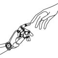 drawn by one continuous line of human and robot hands touching, fusion of artificial intelligence and humanity Royalty Free Stock Photo