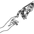drawn by one continuous line of human and robot hands touching, fusion of artificial intelligence and humanity Royalty Free Stock Photo