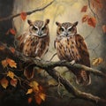 Drawn owls sit on a wooden bough. A learned wise bird. Owls with parents portrait image Royalty Free Stock Photo