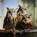 Drawn owls sit on a wooden bough. A learned wise bird. Owls with parents portrait image Royalty Free Stock Photo