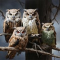 Drawn owls sit on a wooden bough. A learned wise bird. Owls with parents portrait image Royalty Free Stock Photo