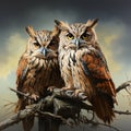 Drawn owls sit on a wooden bough. A learned wise bird. Owls with parents portrait image Royalty Free Stock Photo