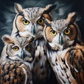 Drawn owls sit on a wooden bough. A learned wise bird. Owls with parents portrait image Royalty Free Stock Photo