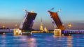 Drawn Palace Bridge and Peter and Paul Fortress at white night, St. Petersburg, Russia