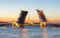 Drawn Palace Bridge and Peter and Paul Fortress at white nights, Saint Petersburg, Russia