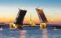 Drawn Palace Bridge and Peter and Paul Fortress at white nights, Saint Petersburg, Russia