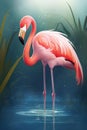 Drawn pink flamingo standing in the water, painted, green reed leaves. Colorful paints, nature wallpaper, art illustration. Design Royalty Free Stock Photo