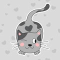 Drawn playful spotted gray cat, sticker in doodle or cartoon style