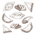 Drawn puff pastries sketch set isolated. baking, pastries with cheese or meat stuffing. turnovers, khachapuri, burekas