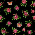 Drawn red roses with peacock butterflies seamless background. Flowers illustration front view. Handwork by felt-tip pens. Pattern Royalty Free Stock Photo