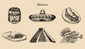 Drawn set of famous Mexican attractions.Vector illustration of Olmec and Aztec sights.Latin American street food symbols