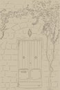 Drawn sketch door, lamp. Climbing tree on wall. Outline illustration