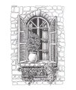 Drawn sketch vintage window with shutters Royalty Free Stock Photo