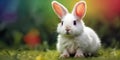 Drawn small white rabbit on green grass on rainbow background Royalty Free Stock Photo