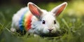 Drawn small white rabbit with rainbow coloring on green grass Royalty Free Stock Photo