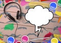 Drawn speech bubble and headphones with color pencils on wooden background Royalty Free Stock Photo