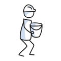 Drawn stick figure with bucket construction worker. Tool use for industry sketchnote. Vector illustration of person on