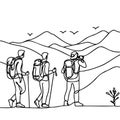 Drawn three guys in the mountains in one line. Vector illustration