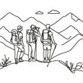 Drawn three guys in the mountains in one line. Vector illustration Royalty Free Stock Photo