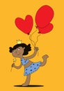 Drawn vector satisfied black girl with red hearts balloons stands on one leg. Postcard