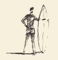 Drawn vector young man beach surfboard sketch Royalty Free Stock Photo