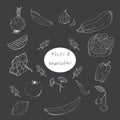 Drawn vegetables and fruits doodles. chalked vegetables and fruits on blackboard collection