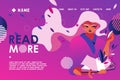 Drawn with vivid pink and purple gradients banner or landing page with reading girl. Library lovers and book store design