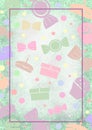 Drawn watercolor background with cakes, candy and gifts.