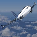 Drawn white plane flies above the clouds on a grayish blue background Royalty Free Stock Photo