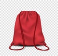 Drawstring bag, backpack or pouch mockup. Realistic red sport bag, blank canvas school knapsack Royalty Free Stock Photo