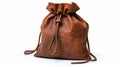 Brown Leather Drawstring Bag - Square Design - White Background