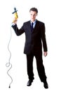 Dread businessman holding drill Royalty Free Stock Photo