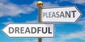 Dreadful and pleasant as different choices in life - pictured as words Dreadful, pleasant on road signs pointing at opposite ways