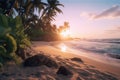 Dream beach at sunset in a tropical paradise created with generative AI technology Royalty Free Stock Photo