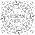 Dream big. Coloring page. Black and white vector illustration.