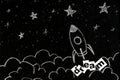 Dream big, high targets, startup concept. Cute inspirational typographic chalk drawn poster with starting rocket with word Royalty Free Stock Photo