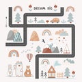 Dream Big, Little One - cute kids poster, playing rug or tapestry in Scandinavian style. Road, Mountains and Woods