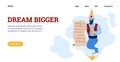 Dream bigger website with genie holding wish list, flat vector illustration. Royalty Free Stock Photo