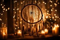 A dream catcher captured in the soft glow of a candle-lit room, creating a warm and magical ambiance