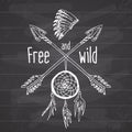 Dream catcher and crossed arrows, tribal legend in Indian style with traditional headgeer. dreamcatcher with bird feathers and bea Royalty Free Stock Photo