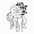 A dream catcher decorated with roses bird feathers and beads. Native American amulet hand drawn ink line art sketch for cards Royalty Free Stock Photo